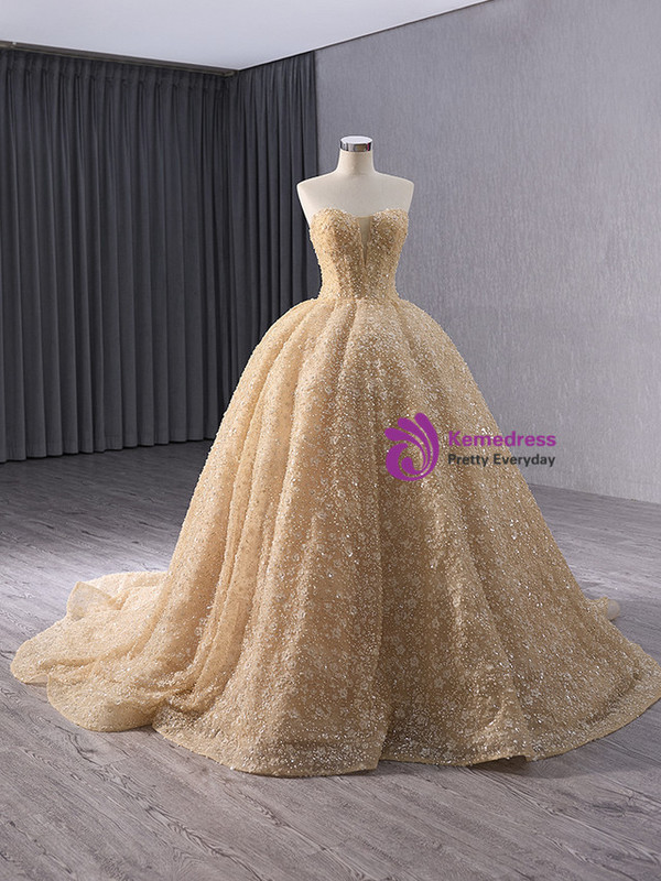 Champagne Gold Tulle Sequins Prom Dress