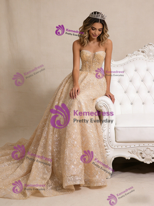 Champagne Gold Tulle Sequins Prom Dress