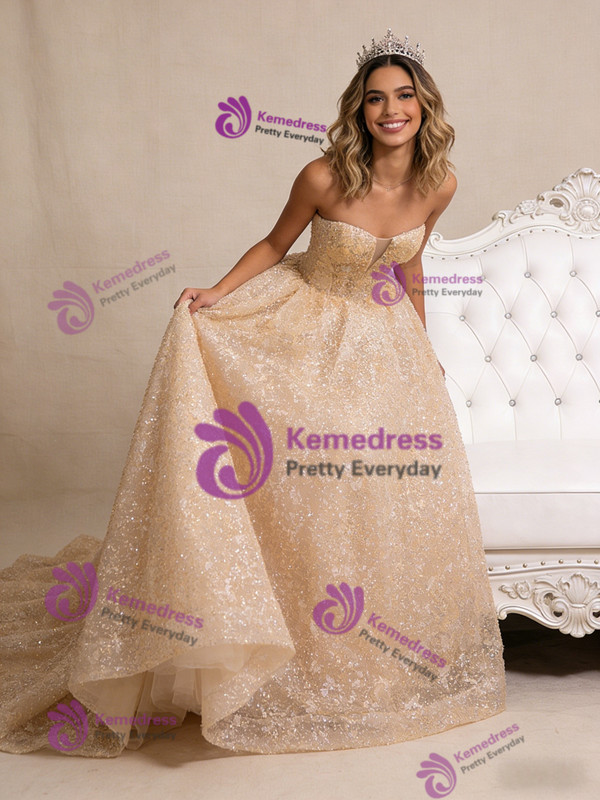 Champagne Gold Tulle Sequins Prom Dress