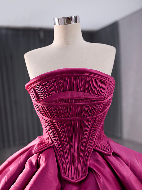 Fuchsia Satin Strapless Pleats Short Prom Dress