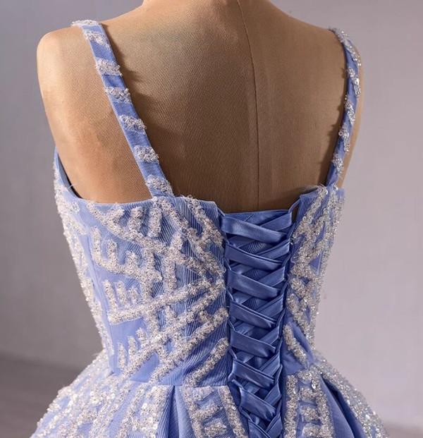 Blue Tulle Sequins Spagehtti Straps Prom Dress