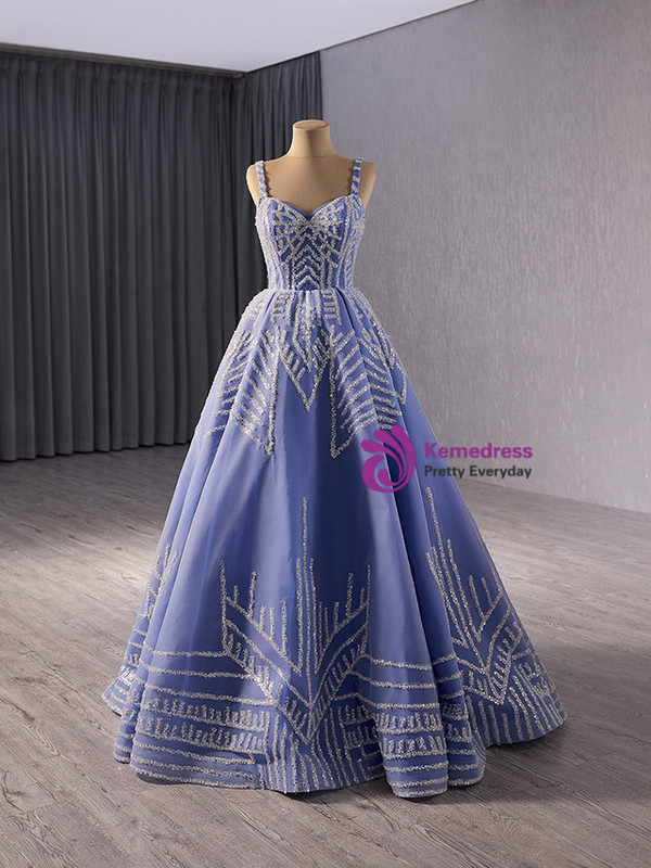 Blue Tulle Sequins Spagehtti Straps Prom Dress