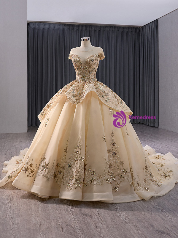 Champagne Ball Gown Tulle Sequins Cap Sleeve Prom Dress