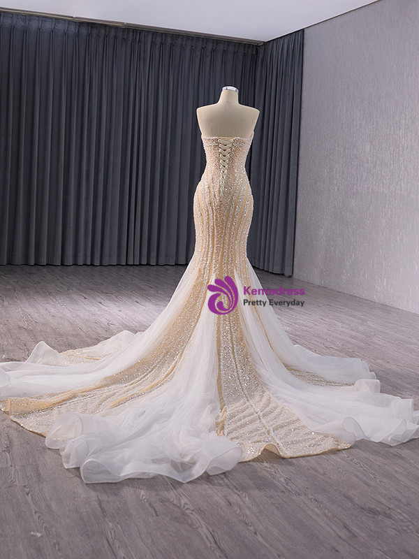 Champagne Mermaid Sequins Beading Prom Dress