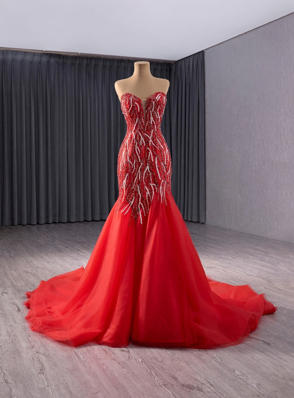 Sexy Red Mermaid Sweethaert Beading Prom Dress