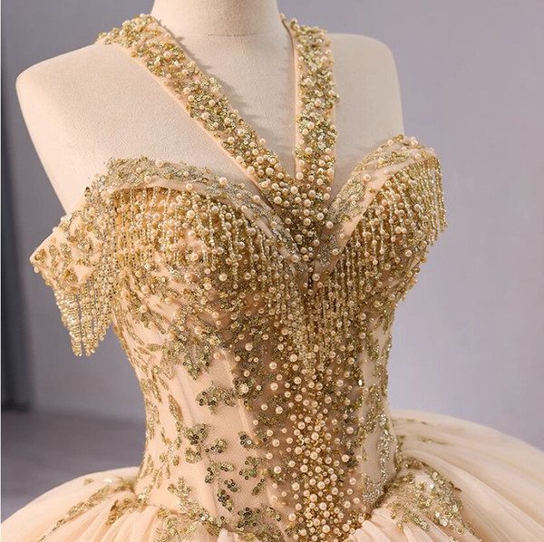 Gold Ball Gown Sequins Beading Halter Prom Dress