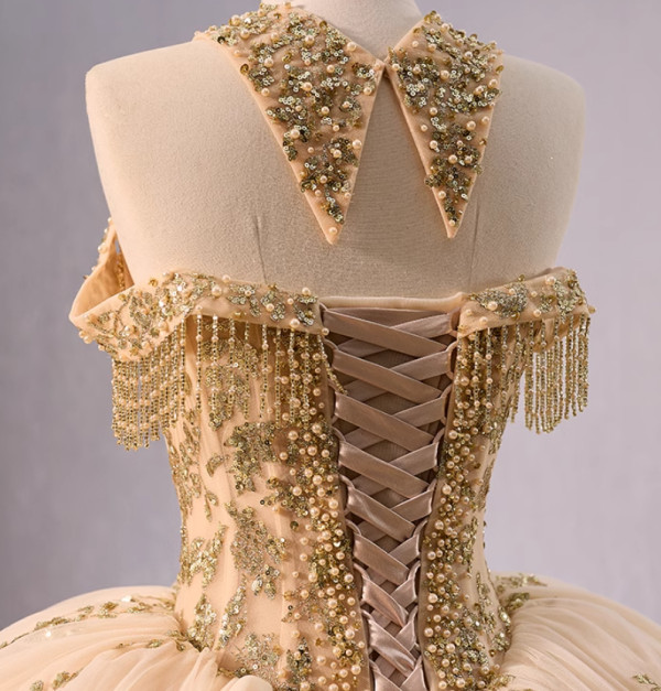 Gold Ball Gown Sequins Beading Halter Prom Dress