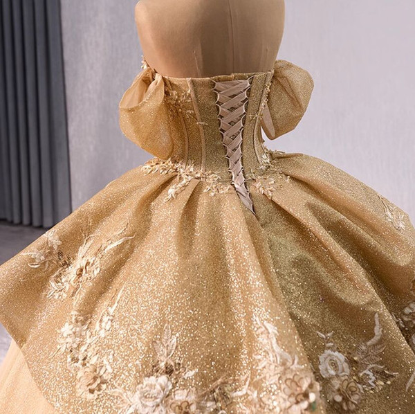 Gold Ball Gown Sequins Off the Shoulder Appliques Prom Dress
