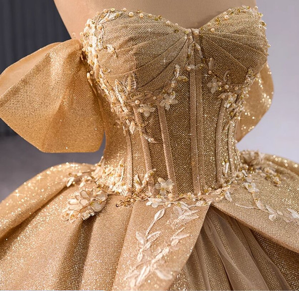 Gold Ball Gown Sequins Off the Shoulder Appliques Prom Dress