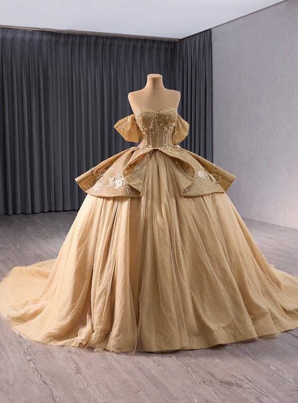 Gold Ball Gown Sequins Off the Shoulder Appliques Prom Dress