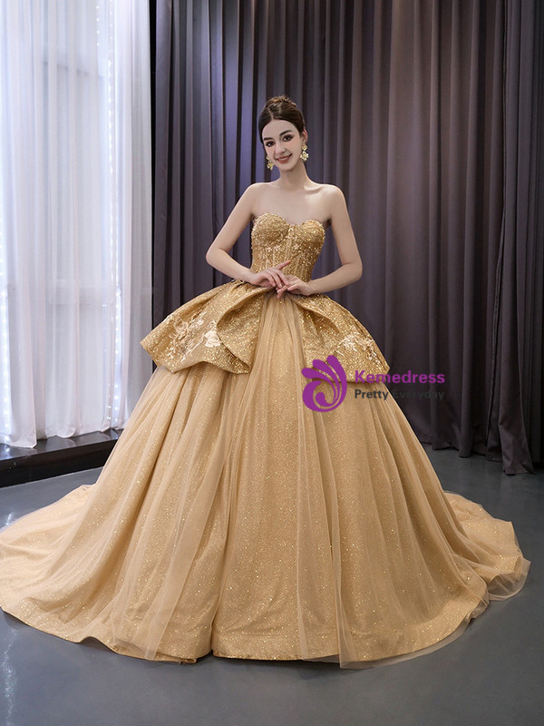 Gold Ball Gown Sequins Off the Shoulder Appliques Prom Dress