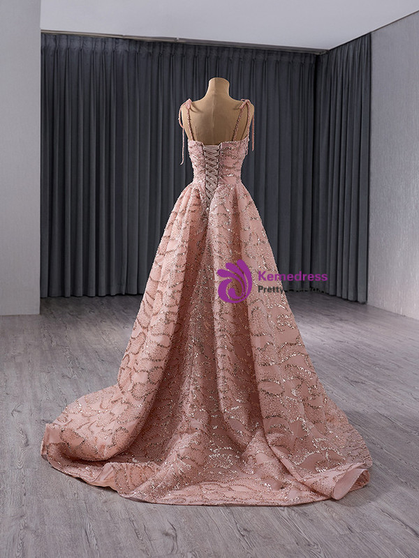 Pink Tulle Sequins Spaghetti Straps Prom Dress
