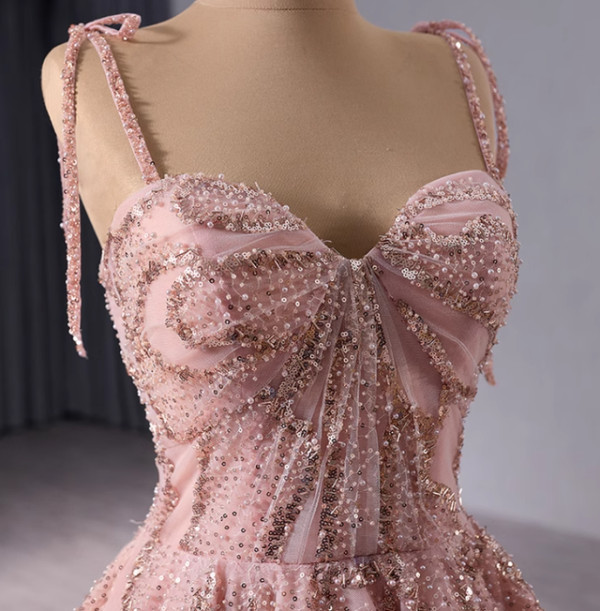 Pink Tulle Sequins Spaghetti Straps Prom Dress