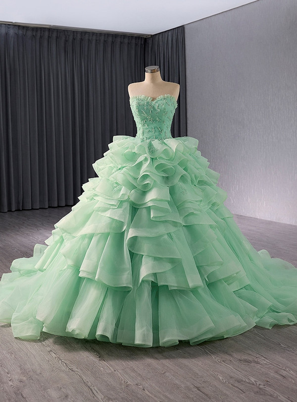 Green Ball Gown Tulle Strapless Prom Dress