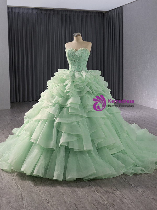 Green Ball Gown Tulle Strapless Prom Dress