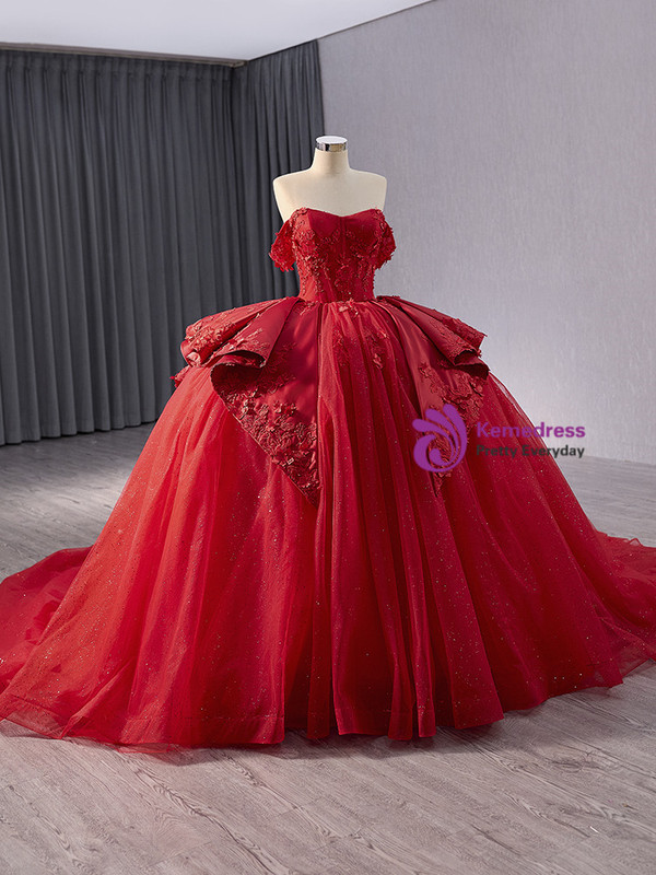 Red Tulle Strapless Appliques Prom Dress