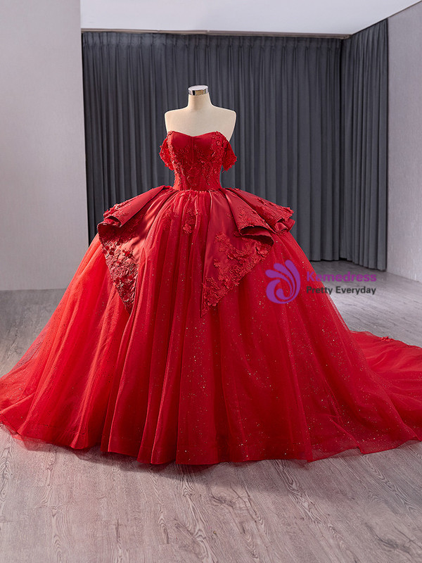 Red Tulle Strapless Appliques Prom Dress