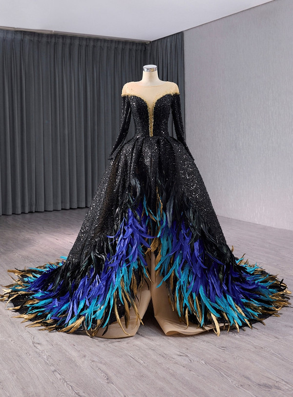 Black Sequins Beading Long Sleeve Feather Prom Dress