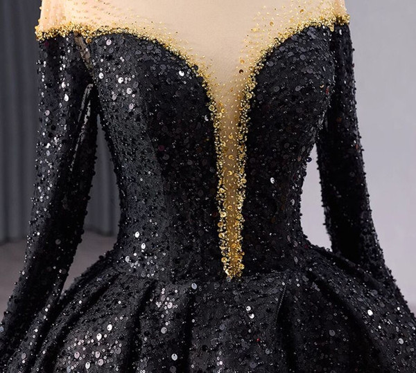 Black Sequins Beading Long Sleeve Feather Prom Dress