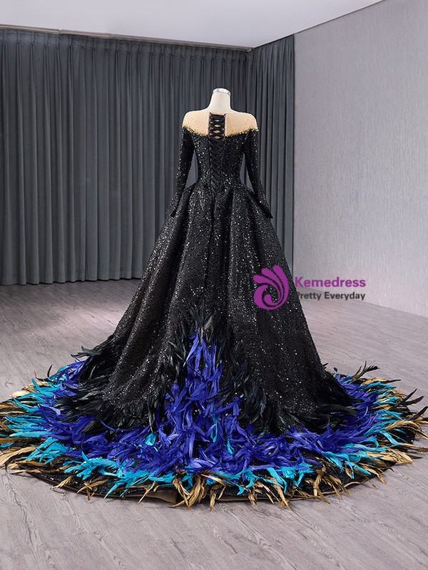 Black Sequins Beading Long Sleeve Feather Prom Dress