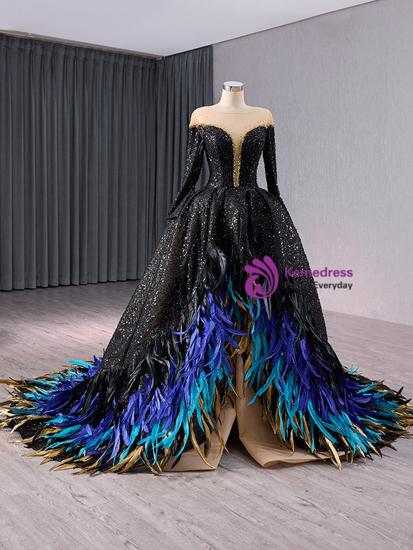 Black Sequins Beading Long Sleeve Feather Prom Dress