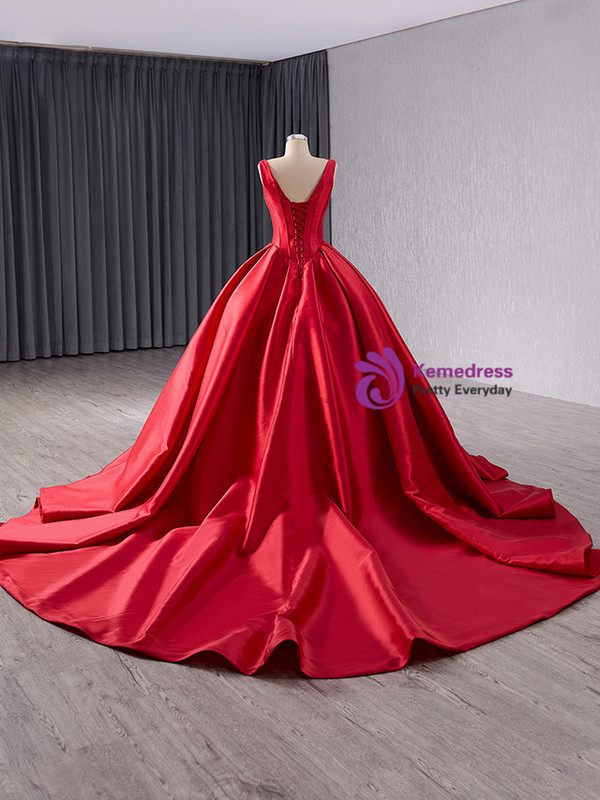 Fashion Vintage Red Satin V-neck Prom Dress