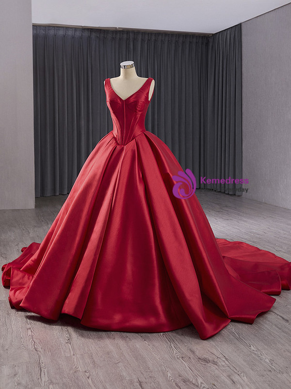 Fashion Vintage Red Satin V-neck Prom Dress