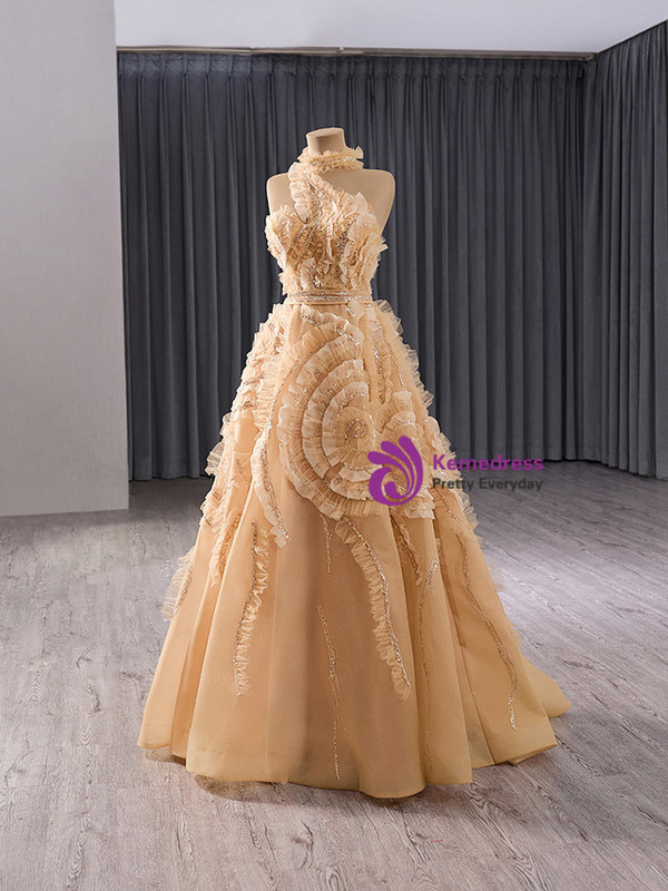 A-line Champagne One Shouder Tulle Prom Dress