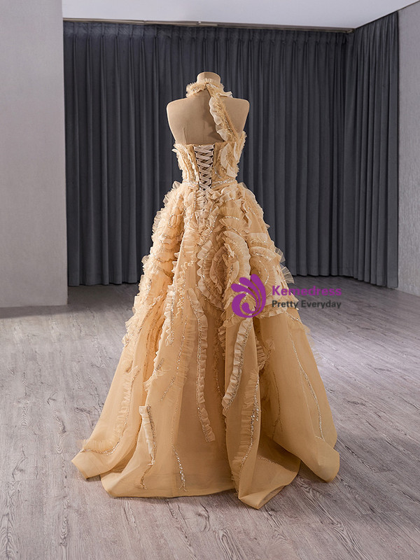 A-line Champagne One Shouder Tulle Prom Dress