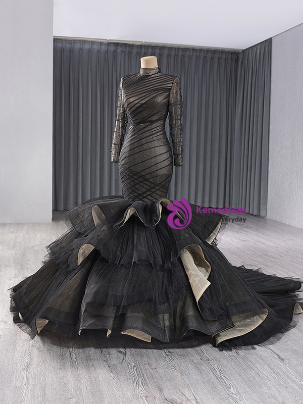 Black Mermaid Tulle Long Sleeve Pleats Prom Dress