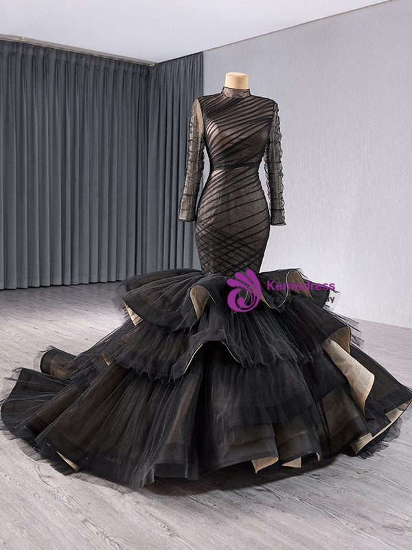 Black Mermaid Tulle Long Sleeve Pleats Prom Dress