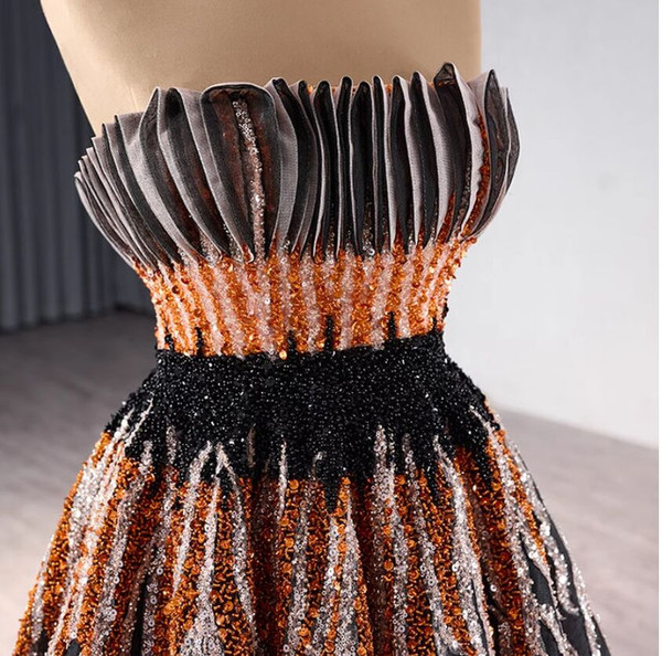 Black Tulle Strapless Pleats Beading Sequins Prom Dress