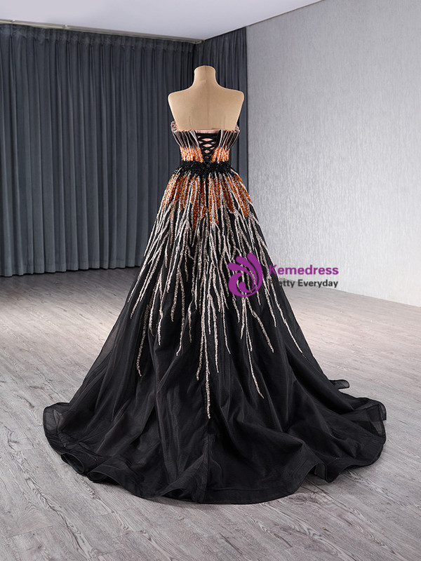 Black Tulle Strapless Pleats Beading Sequins Prom Dress