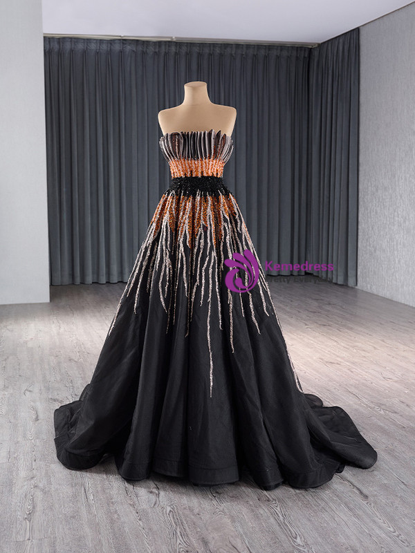 Black Tulle Strapless Pleats Beading Sequins Prom Dress