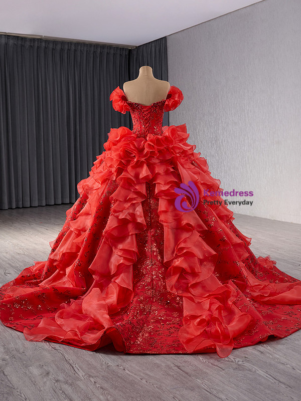 Red Sequins Off the Shoulder Pearls Prom Dress