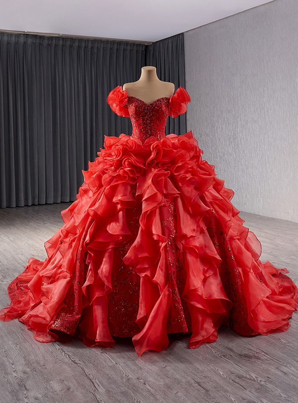 Red Sequins Off the Shoulder Pearls Prom Dress