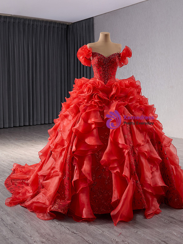 Red Sequins Off the Shoulder Pearls Prom Dress