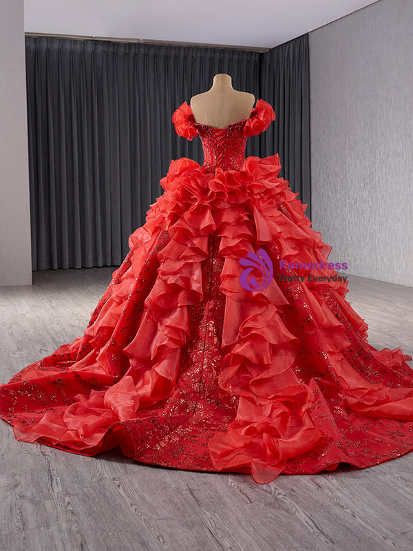 Red Sequins Off the Shoulder Pearls Prom Dress