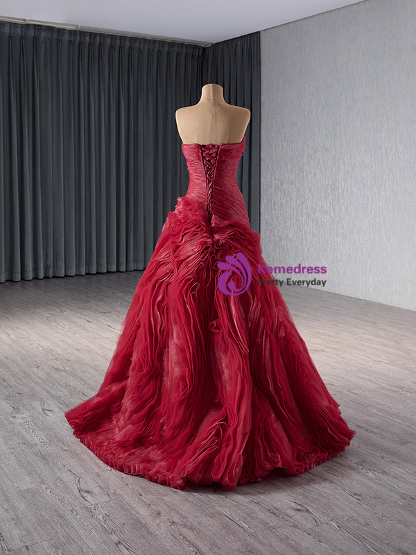 Burgundy Strapless Pleats Prom Dress