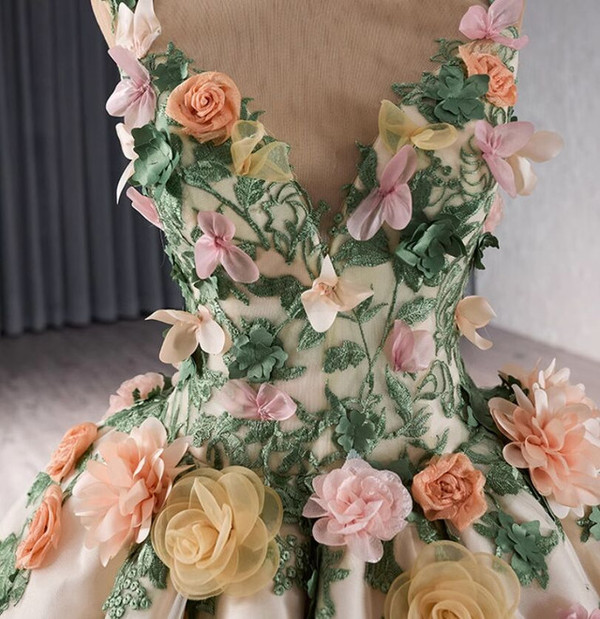 Champagne Green Tulle 3D Flower Prom Dress