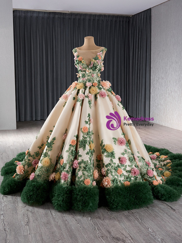 Champagne Green Tulle 3D Flower Prom Dress