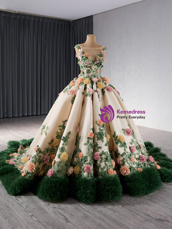 Champagne Green Tulle 3D Flower Prom Dress