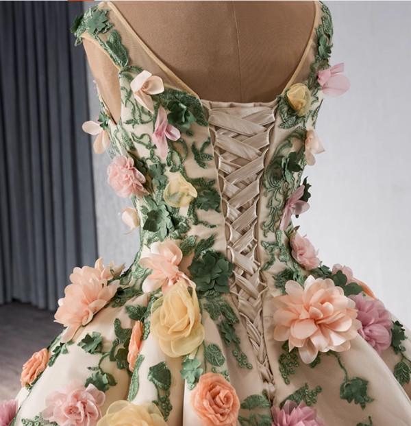 Champagne Green Tulle 3D Flower Prom Dress