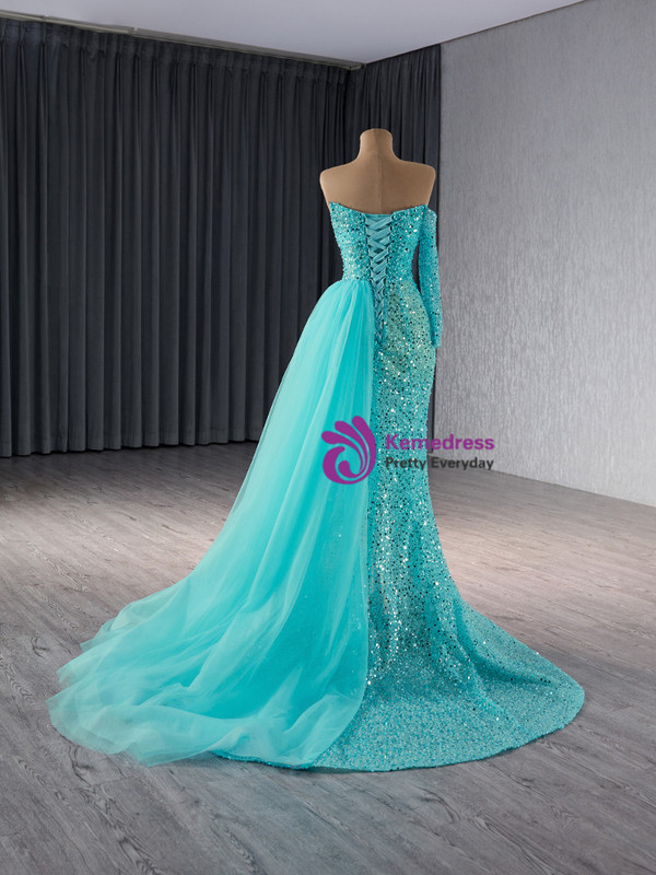 Mermaid Sequins Long Sleeve Strapless Pleats Prom Dress