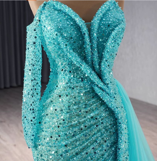 Mermaid Sequins Long Sleeve Strapless Pleats Prom Dress