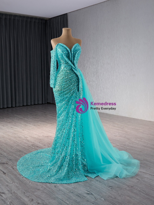 Mermaid Sequins Long Sleeve Strapless Pleats Prom Dress