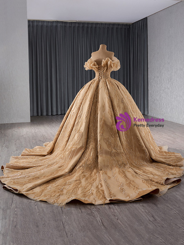 Champagne Ball Gown Tulle Sequins Off the Shoulder Prom Dress