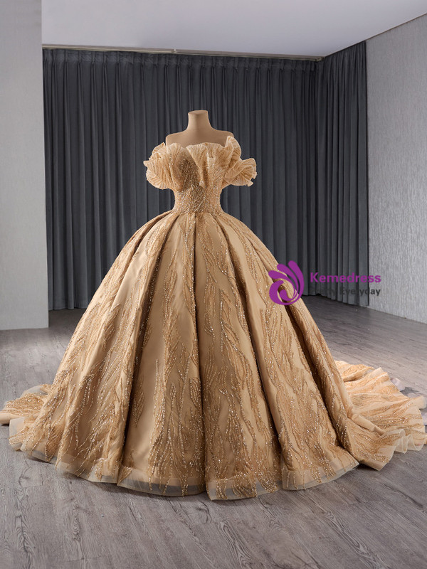Champagne Ball Gown Tulle Sequins Off the Shoulder Prom Dress
