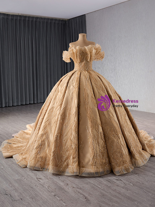 Champagne Ball Gown Tulle Sequins Off the Shoulder Prom Dress