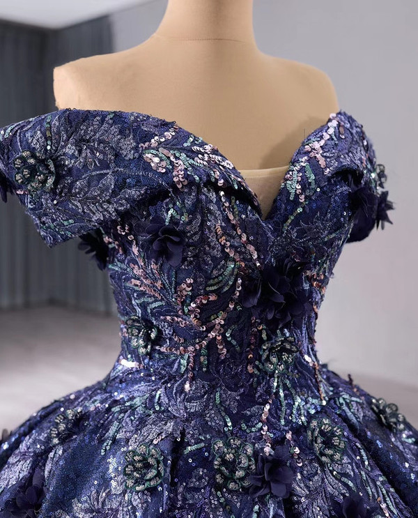 Navy Blue Sequins Appliques Off the Shoulder Prom Dress